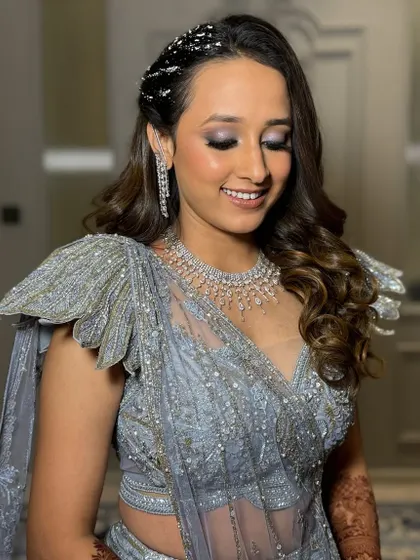 Glittering eyes are a must for the dance floor! For Tanvi's sangeet, I created this sparkling lilac eye look paired with my signature glass skin to make sure she'd shine all night.
