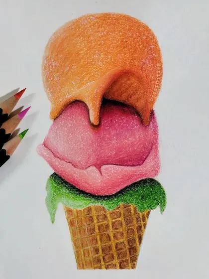 The ice cream cone drawing shown with the pencils used for each scoop.