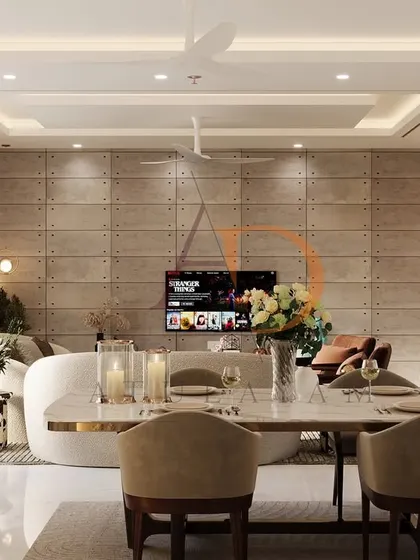 This perspective from the dining table shows how all the elements, from the concrete wall to the bar unit, work together to create a cohesive and stylish entertaining space.