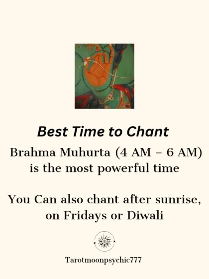 The most powerful time to chant the Lakshmi Ganapati mantra is during Brahma Muhurta (4 AM - 6 AM). However, you can also chant it after sunrise, on Fridays, or during Diwali for potent results.