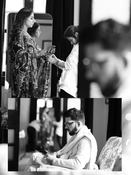 Black and white shots of the bride and groom getting ready for their Haldi ceremony. These behind-the-scenes moments capture the quiet anticipation before the festivities begin.