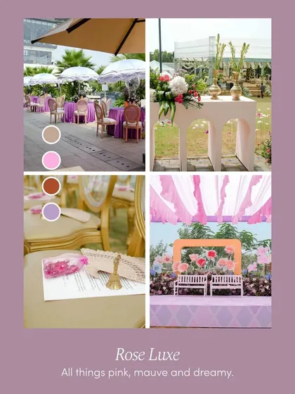 A 'Rose Luxe' color palette mood board. This collage showcases decor in shades of pink, mauve, and dreamy pastels, perfect for a romantic and luxurious wedding theme.