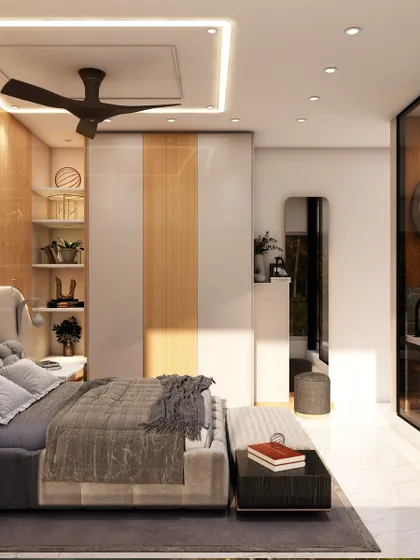 A luxurious master bedroom design with an attached, glass-partitioned bathroom, creating a seamless and open-concept suite.