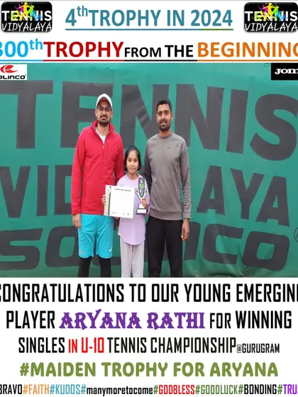 Congratulations to our young emerging player Aaryana Rathi for winning the Singles in the U-10 Tennis Championship, her maiden trophy.