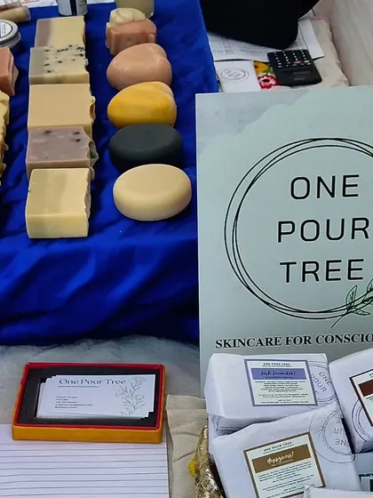 Another view of my soap display table, showing the range of products available. Each one is handmade and formulated to be kind to your skin.