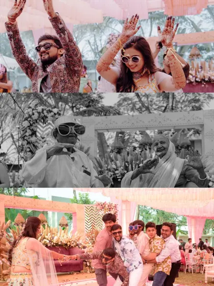 A collage of fun and candid moments from a Sangeet celebration, including guests with funny props and lots of dancing.