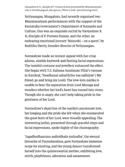 A review of my performance in Mangaluru, published in The Hindu's Friday Review. I am deeply grateful to my Guru for his choreography that receives such appreciation.