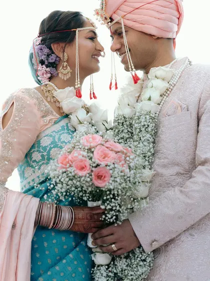 A close-up of Ankita and Anurag during their Goan wedding. The traditional Maharashtrian accessories and their happy expressions make this a lovely, intimate portrait.