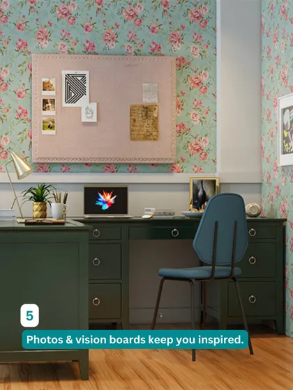 Add a personal touch to your workspace with photos and vision boards. This home office, with its vintage-style desk and floral wallpaper, is designed to keep you inspired.