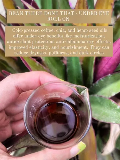 The magic behind our under-eye roll-on. Cold-pressed coffee, chia, and hemp seed oils offer moisturization, antioxidant protection, and anti-inflammatory effects.