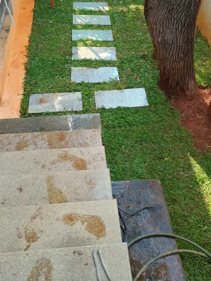 The finished pathway, viewed from the top of the stairs. The combination of stone and lush grass has completely transformed this once-neglected area.