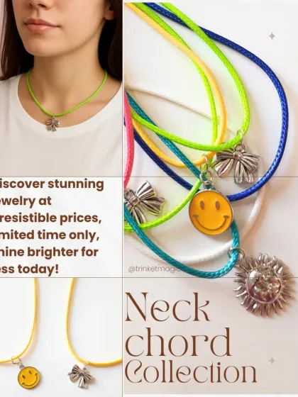 Add a pop of color to your look with my neck chord collection. This collage shows off the bright, trendy, and lightweight necklaces with cute charms like smileys, bows, and suns. They are perfect for everyday wear and make great gifts.