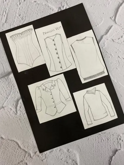 Technical drawings of different vests and bodices, including a corset and a princess-seam vest.