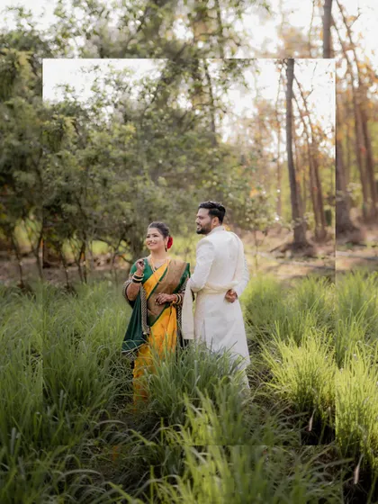 An artistic shot of the couple in a field, framed with a white border for a clean and modern look.