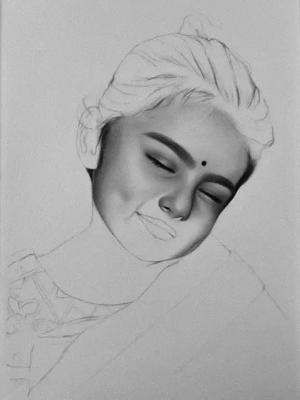 An earlier stage of the baby girl drawing, showing the soft shading on her face before the hair was detailed.