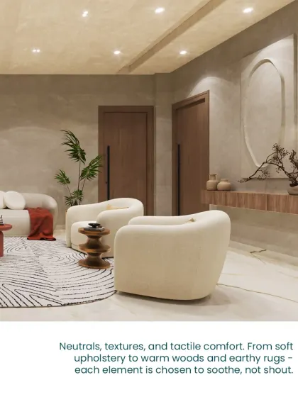 Neutrals, textures, and tactile comfort are the cornerstones of this design. Every element is chosen to create a harmonious and calming environment.