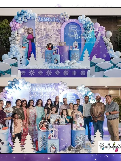 We brought the magic of Arendelle to Akshara's 5th birthday with this Frozen-themed party. The celebration featured a sparkling backdrop, character cutouts of Anna and Elsa, and a custom cake, creating a winter wonderland for her and her friends.