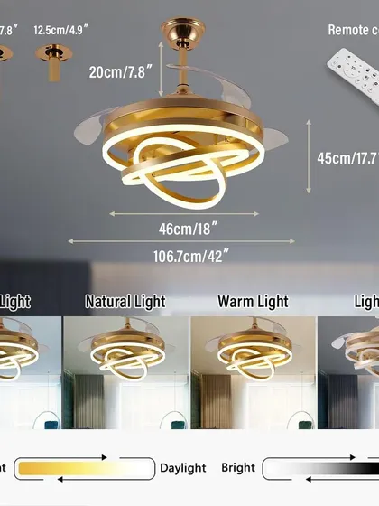 An infographic showing the features of our fandelier, including its dimensions, remote control, and three color modes. It's a smart and stylish solution for any room.