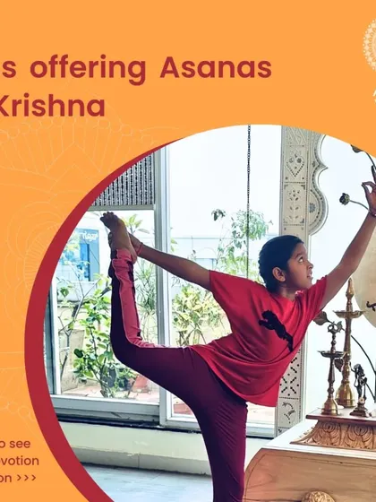 With pure devotion, a young student offers Natarajasana to Shree Krishna. Our kids' yoga classes often incorporate elements of bhakti yoga, connecting movement with heart.