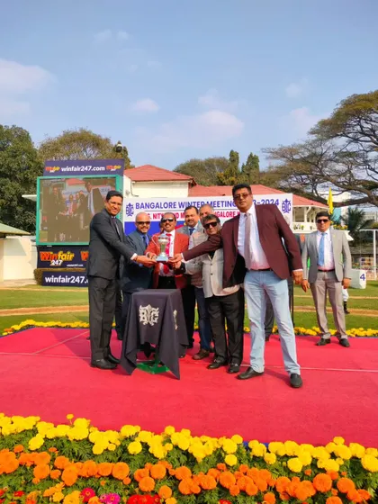 The G. Nityanand Memorial Bangalore Winter Million trophy is presented to the winning connections.