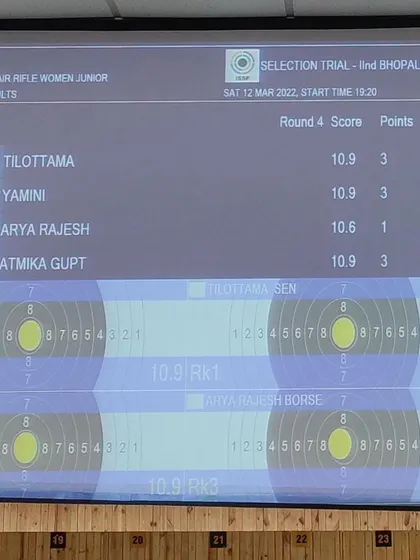 The electronic scoreboard showing the incredible 10.9 score by our 13-year-old shooter, Tilottama Sen, during the Indian team selection trials.