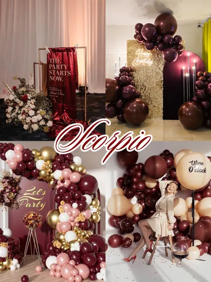 Scorpio's vibe is mysterious, intense, and luxurious. I imagine a party with deep burgundy and black tones, rich textures, and a "party starts now" mood.