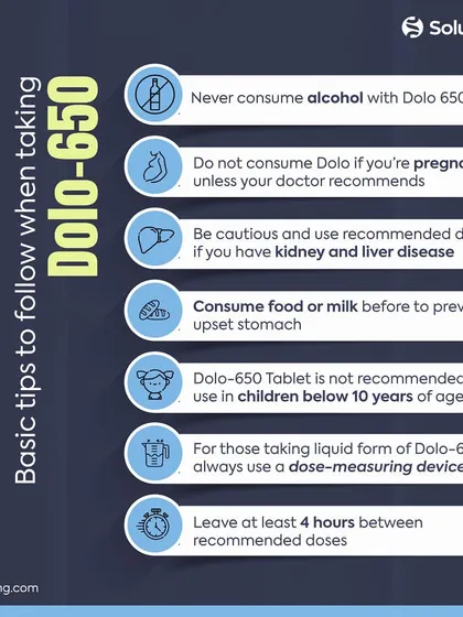 This infographic provides basic tips for safely taking Dolo-650. It covers important precautions such as avoiding alcohol, recommended dosages, and contraindications for certain populations, demonstrating our focus on patient safety.