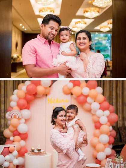 Two views of a first birthday celebration, showing a lovely family portrait and a tender moment between mother and daughter against the party decor.