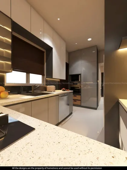 This view showcases the practical details of a kitchen, including the under-lit upper cabinets, a built-in oven, and a window with blinds for light control.