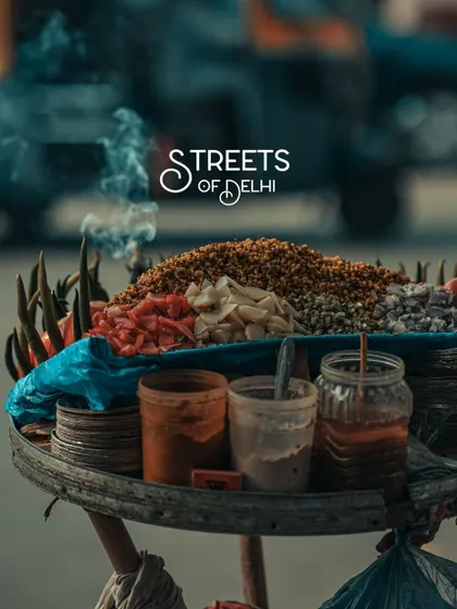 A close-up of a bhel puri vendor's cart in Delhi. The textures, colors, and rising steam tell a story of flavor and tradition that is so central to Indian street culture.