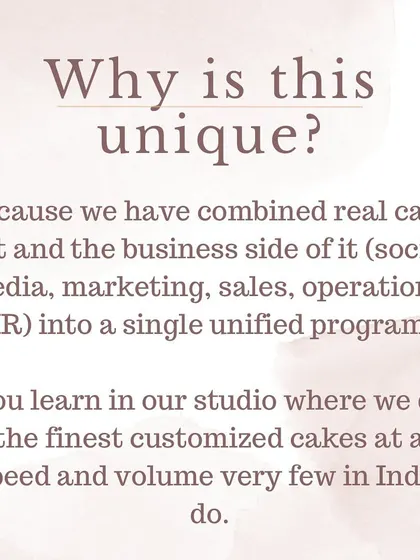What makes our program unique? We combine real cake art with the business side, including social media, marketing, sales, and HR, all taught in our high-volume studio.