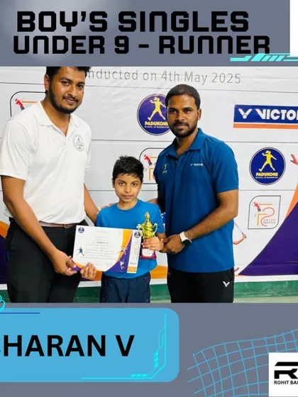 Charan V as the runner-up in the Boy's Singles Under 9 category. He is one of our most promising young talents.