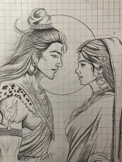 The detailed pencil sketch for the Shiv Parvati painting. Using a grid helps me get the proportions and composition just right for this intimate portrait.