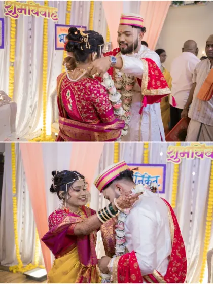 A collage showing the exchange of garlands (varmala), a playful and significant ritual in an Indian wedding.