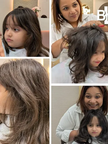 The youngest client of the day brought the biggest smile. This collage captures the adorable moments of a child's first layered haircut.