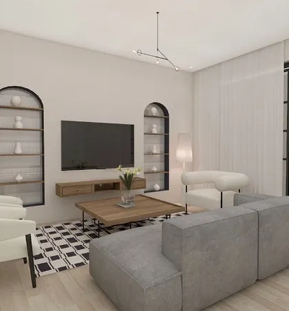 A Scandinavian living room concept with arched display niches flanking the TV. This design adds architectural interest while maintaining a clean, minimalist feel.