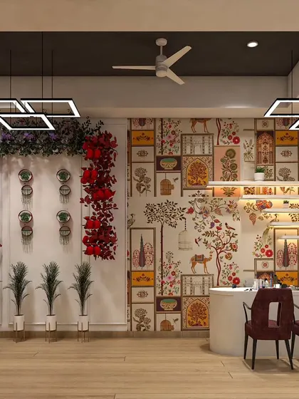 This reception area design uses a beautiful, intricate wallpaper to create a feature wall. The backlit shelving and modern pendant lights highlight the details and provide a warm, inviting glow.