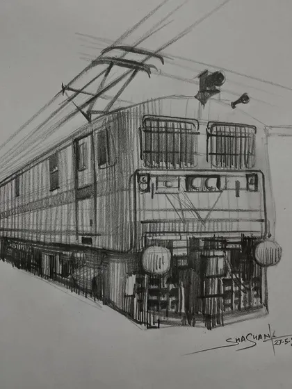 A perspective drawing of a train engine, a great exercise for understanding complex mechanical forms.
