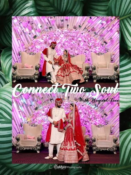 The couple seated on their wedding stage, surrounded by a breathtaking floral arrangement. This collage shows both a formal portrait and a candid moment, capturing the grandeur of the event.