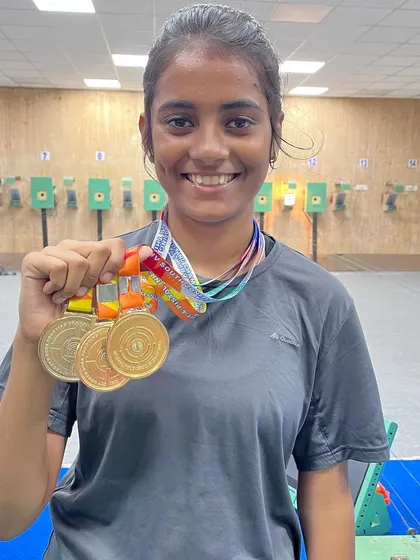 Supriya with her three gold medals from the South Zone shooting competition. Her clean sweep in the Junior, Youth, and Sub-Youth categories was a remarkable achievement.