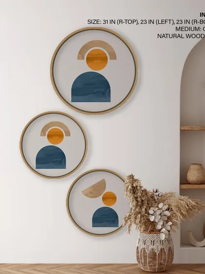 This set of three circular frames features abstract geometric figures in a calming, earthy color palette. It's a perfect example of how modern design can be both simple and captivating.