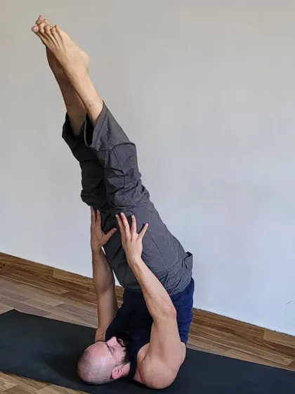 Another one of my dedicated students holding a strong supported shoulder stand, or Salamba Sarvangasana. This inversion is wonderful for calming the nervous system.