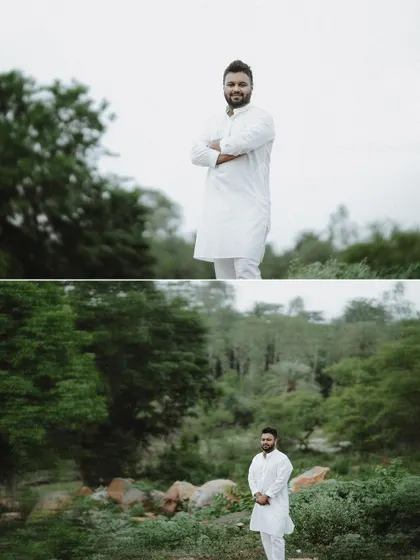 A collage showing the groom in a natural setting, combining a full-length shot with a wider environmental portrait.