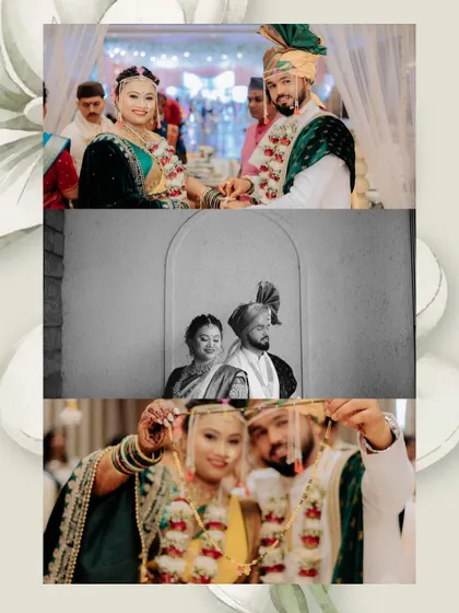 A summary collage of a Maharashtrian wedding, including a timeless black and white shot and key ceremony moments.