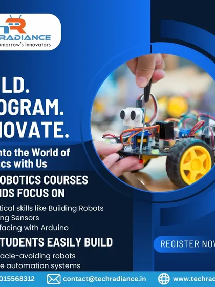 A promotional graphic for our robotics courses for kids, focusing on practical skills like building robots and interfacing with Arduino.