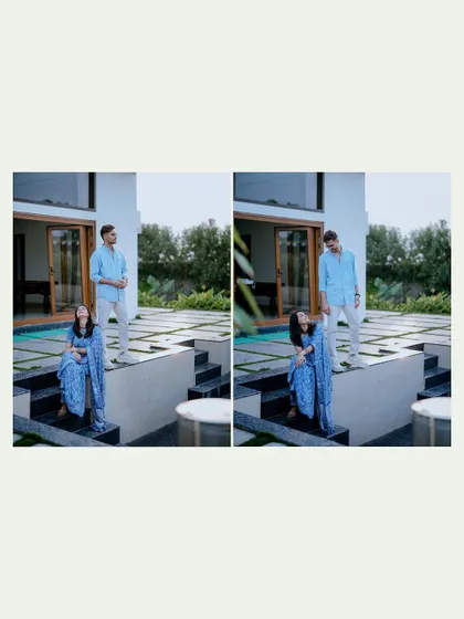 A duplicate of the playful poses by the pool, showcasing the fun and modern vibe of their pre-wedding shoot.