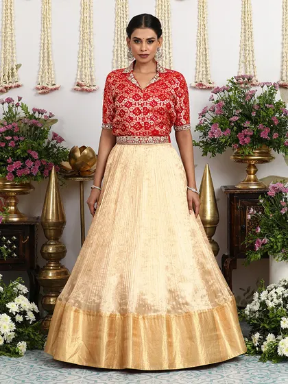 A front-facing view that captures the complete elegance of the collared blouse and pleated silk lehenga combination.