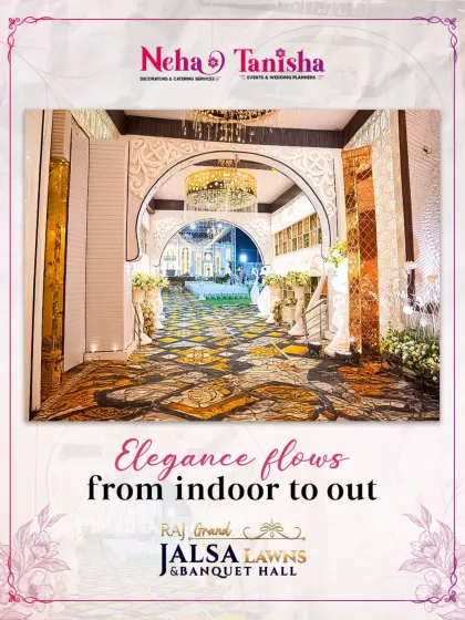 Experience how elegance flows from indoor to out. This photo shows the seamless transition from our ornate indoor arches to the expansive outdoor lawn, creating a cohesive and luxurious event space.
