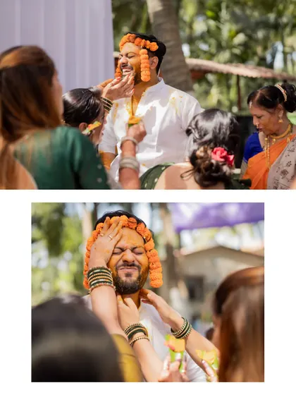 A collage showing the groom's family and friends lovingly applying haldi to his face, a moment full of smiles.