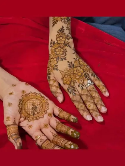 This shows two different party styles. One hand has a floral vine, and the other has a central mandala with a bird, perfect for a group of friends.